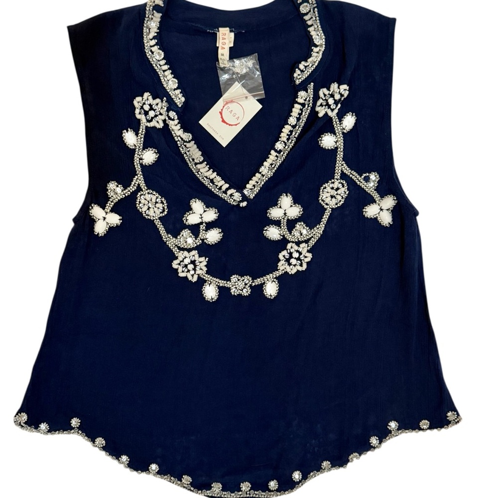NWT RAGA Beaded Embellished Navy Blue Sleeveless Top MED Women’s